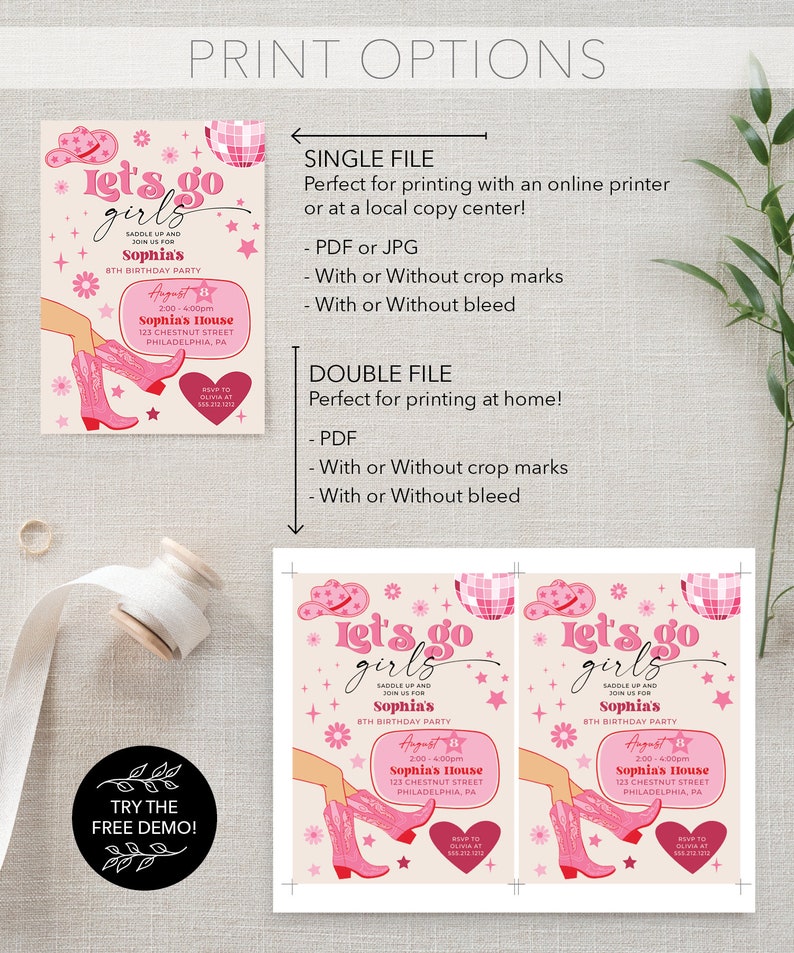 Plantilla de invitación para fiesta de cumpleaños de vaquera rosa, fiesta de vaquera disco rosa, cumpleaños de rodeo, fiesta de cumpleaños para niña, ¡Vamos chicas!, cualquier edad imagen 6