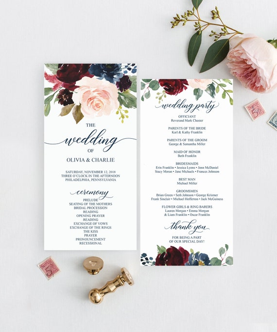 Breezy Burgundy Wedding Programs Template 4x8 Wedding Etsy