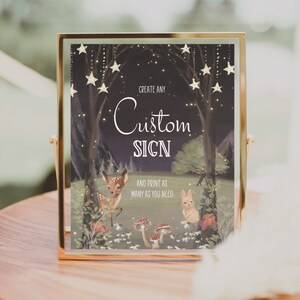 Modèle d'enseigne personnalisé modifiable, enseigne de fête d'anniversaire personnalisée, cadeaux, cadeaux et cartes, enseignes de table imprimables, forêt enchantée, animaux, cerf