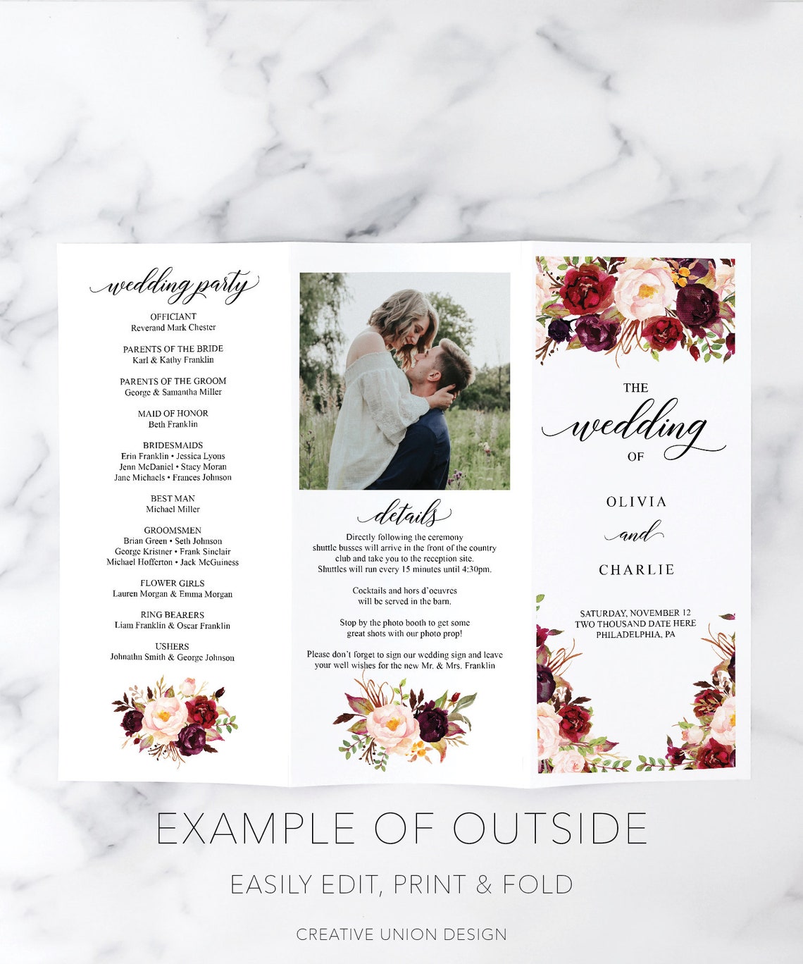 Trifold Wedding Program Template Wedding Program Folded - Etsy