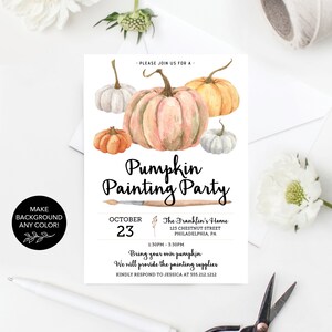 May include: A white invitation card with watercolor pumpkins in various sizes and colors. The text "Pumpkin Painting Party" is displayed with event details, including the date, time, and location. The invitation also includes the text "Bring your own pumpkin" and a phone number to RSVP.