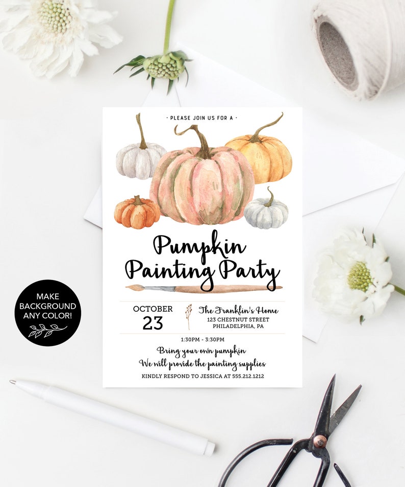May include: A white invitation card with watercolor pumpkins in various sizes and colors. The text "Pumpkin Painting Party" is displayed with event details, including the date, time, and location. The invitation also includes the text "Bring your own pumpkin" and a phone number to RSVP.