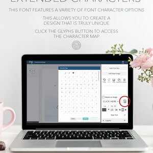 May include: A laptop computer screen displaying a character map with a variety of font options. The text on the screen reads "Extended Characters" and "Click the Glyphs button to access the character map".