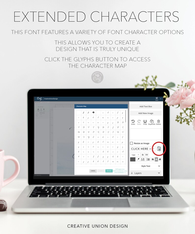May include: A laptop computer screen displaying a character map with a variety of font options. The text on the screen reads "Extended Characters" and "Click the Glyphs button to access the character map".