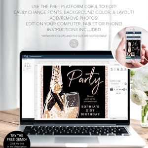 May include: A laptop screen displaying a digital invitation template for a 21st birthday party. The template features a black background with gold and pink accents, a champagne bottle and glass, and the text "Let's Party". The text "Sophia's 21st Birthday" is also included. The template is being edited using the Corjl platform.