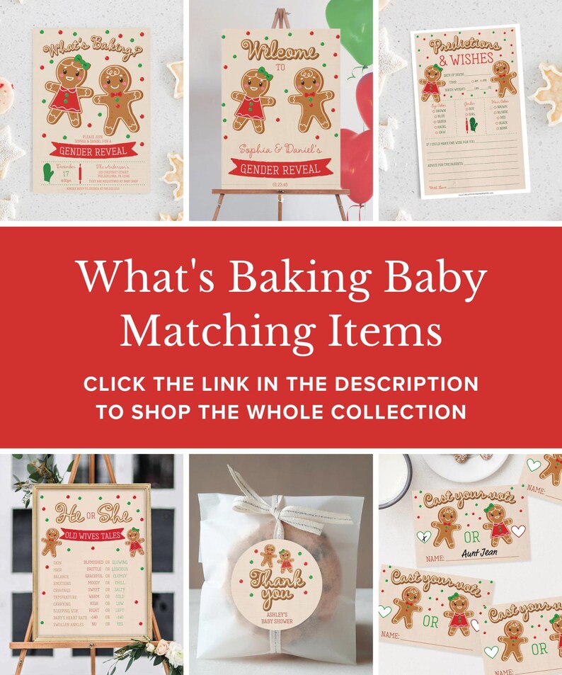 May include: A collection of baby shower decorations with a gingerbread theme. The image includes signs, cards, and a cookie favor. The text includes "Gender Reveal", "Welcome", "Predictions & Wishes", and "What's Baking Baby Matching Items".
