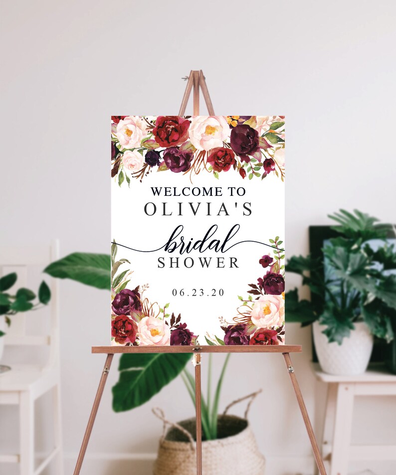 Editable PDF Instant Download Welcome Bridal Shower Burgundy Marsala Fall Bridal Shower Sign Editable Bridal Shower Welcome Sign