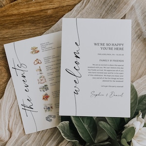 Minimalistische kaartsjabloon bruiloft evenementen Afdrukbare welkomstbrief bruiloft Weekendschema Informatie voor gasten Volgorde van evenementen Boho