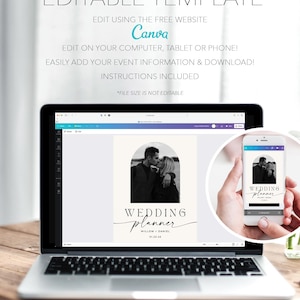 May include: Editable template for a wedding planner on a laptop screen. The template features a black and white photo of a couple kissing in an archway, with the text "WEDDING planner" in a script font. The text "WILLOW + DANIEL" and "01.23.45" are also included.