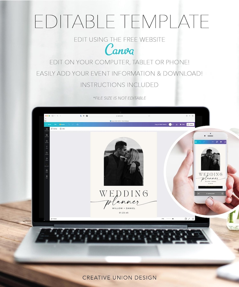 May include: Editable template for a wedding planner on a laptop screen. The template features a black and white photo of a couple kissing in an archway, with the text "WEDDING planner" in a script font. The text "WILLOW + DANIEL" and "01.23.45" are also included.