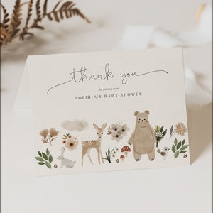 Tarjeta de agradecimiento, tarjeta de agradecimiento para baby shower, tarjeta de agradecimiento imprimible, plantilla, estilo boho, baby shower con temática de bosques, ciervos, animales, bosque