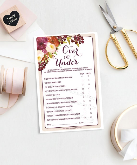 Over or Under - Bridal Shower Game - Couples Shower Games - Printable ...