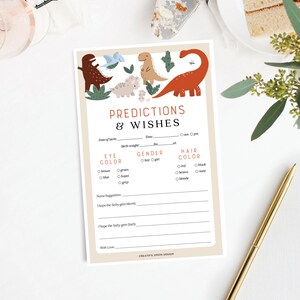 Predicciones para un bebé dinosaurio, deseos para un bebé, juego de baby shower, predicciones para un bebé, juego imprimible, bebé, dinosaurio moderno