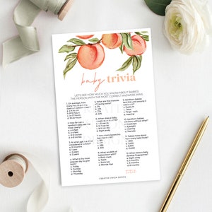 Sweet Peach Baby Shower Trivia Spiel, Babyparty Spiel druckbare, Trivia Fragen Baby Shower Karte, Download, Baby Sprinkle, Baby Trivia