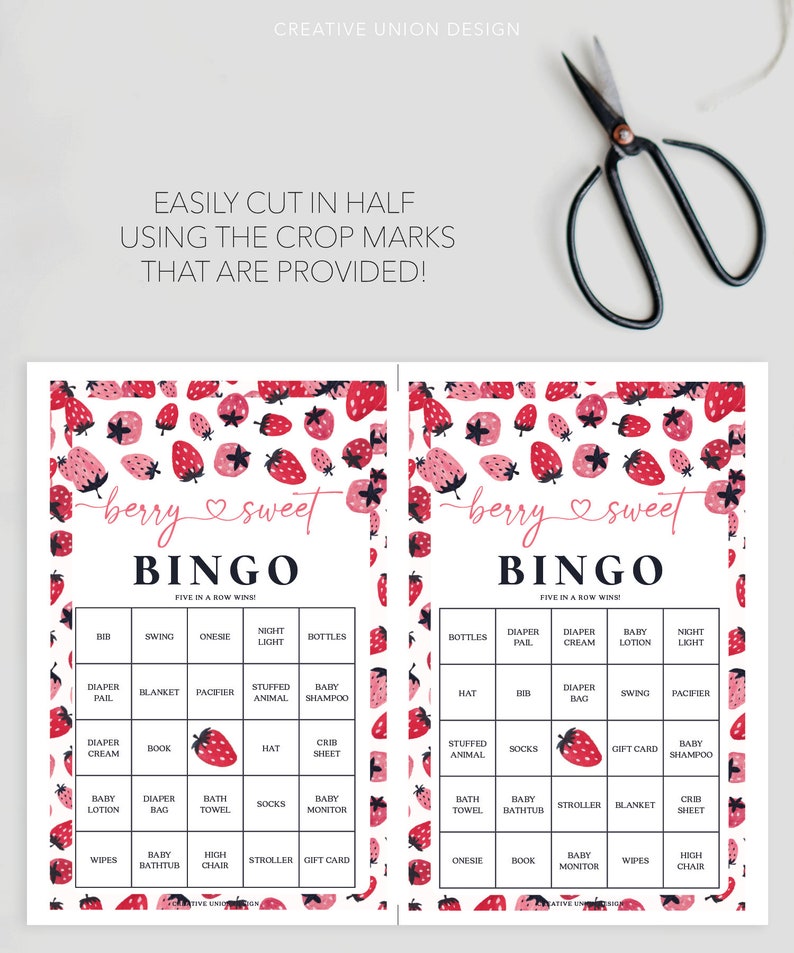 May include: A printable baby shower bingo card with a strawberry pattern. The card has a pink and black color scheme and says "berry sweet" at the top. The bingo card has squares with baby shower related items like "onesie", "night light", "baby monitor", "crib sheet", "stuffed animal", "diaper bag", "gift card", "high chair", "baby lotion", "pacifier", "baby bathtub", "socks", "blanket", "bath towel", "diapper pail", "book", "swing", "baby shampoo", "hat", "bib", "wipes", "stroller", and "diaper cream".