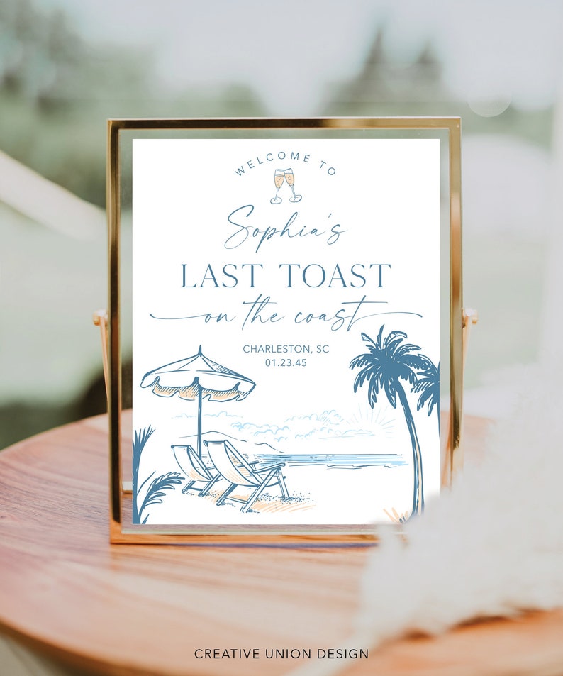 May include: A white sign with blue text that reads "Welcome to Sophia's Last Toast on the Coast". The sign also includes the text "Charleston, SC 01.23.45" and a drawing of a beach scene with palm trees, beach chairs, and an umbrella.
