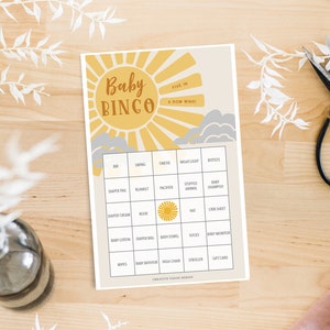 Boho Sunshine babyshower bingo, 60 unieke speelbladen, babyshowerspellen, babyshower, download, babyshower, zon, zonneschijn, strooi