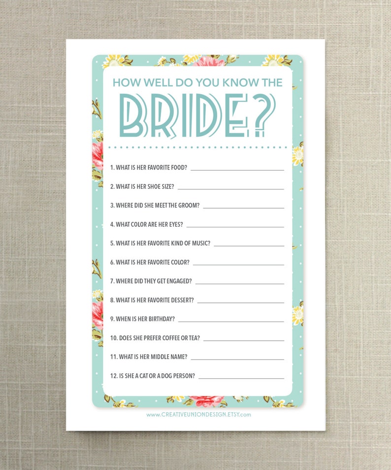How Well Do You Know the Bride Bridal Shower Game Shabby - Etsy