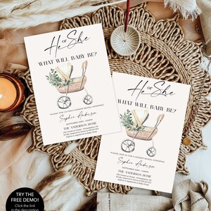 May include: Two gender reveal invitation cards featuring the text He or She What Will Baby Be? and a watercolor illustration of a vintage baby carriage with greenery. The cards include event details for Sophia Anderson on September 23rd at 3:00 PM.