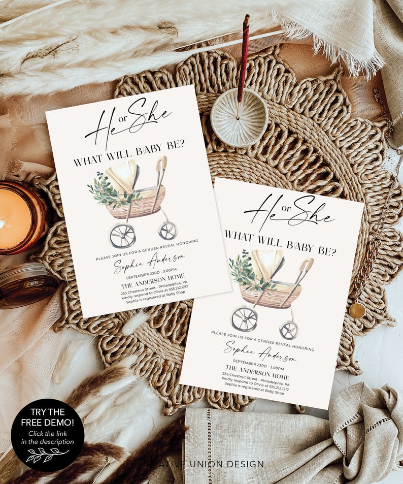 May include: Two gender reveal invitation cards featuring the text He or She What Will Baby Be? and a watercolor illustration of a vintage baby carriage with greenery. The cards include event details for Sophia Anderson on September 23rd at 3:00 PM.