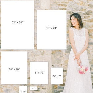 Op de afbeelding: Een set van zes witte frames met zwarte tekst die de grootte van elk frame in inches aangeeft. De frames zijn in een rasterpatroon op een stenen muur gerangschikt. Het grootste frame is 24 inch bij 36 inch, en het kleinste frame is 3,5 inch bij 2 inch.