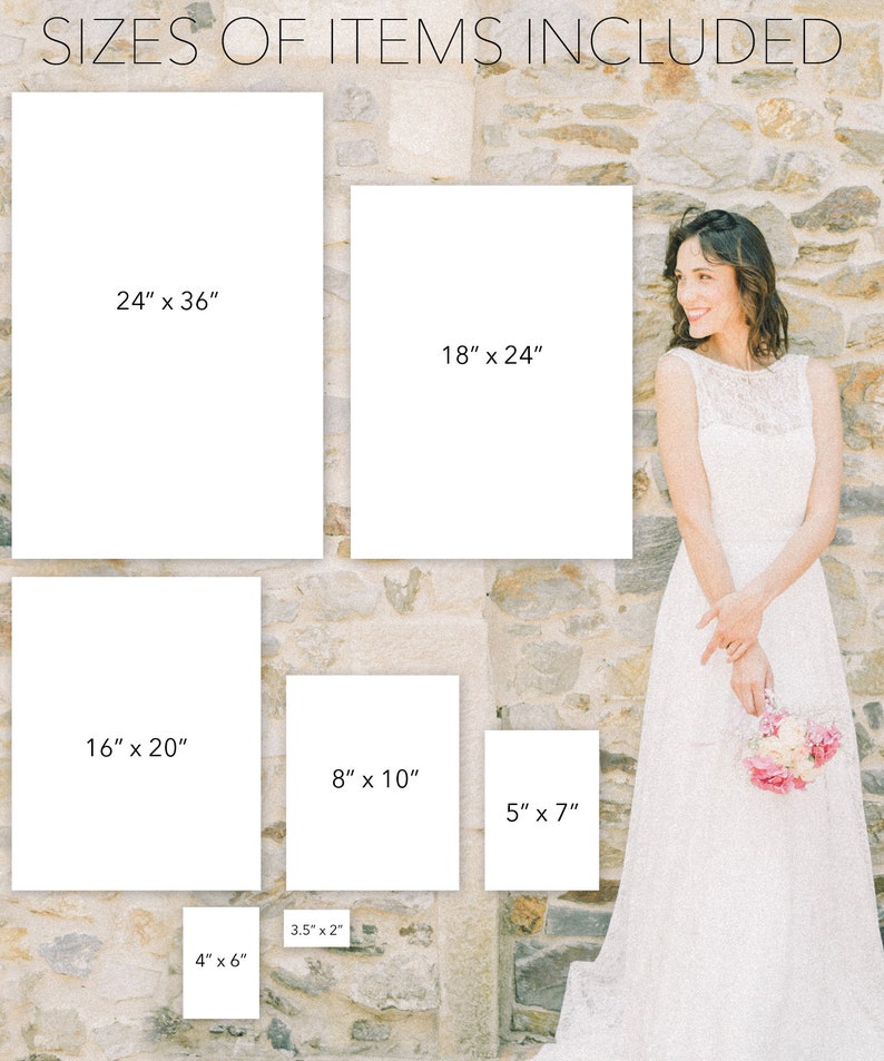Op de afbeelding: Een set van zes witte frames met zwarte tekst die de grootte van elk frame in inches aangeeft. De frames zijn in een rasterpatroon op een stenen muur gerangschikt. Het grootste frame is 24 inch bij 36 inch, en het kleinste frame is 3,5 inch bij 2 inch.