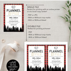 K&ouml;nnte beinhalten: Eine Einladung zur Junggesellinnenabschiedsparty mit einem rot-schwarz karierten Rand. Die Einladung enth&auml;lt den Text "Flannel & Fizz" und Veranstaltungsdetails. Das Design zeigt eine Waldsilhouette am unteren Rand.