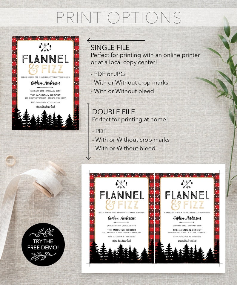 K&ouml;nnte beinhalten: Eine Einladung zur Junggesellinnenabschiedsparty mit einem rot-schwarz karierten Rand. Die Einladung enth&auml;lt den Text "Flannel & Fizz" und Veranstaltungsdetails. Das Design zeigt eine Waldsilhouette am unteren Rand.