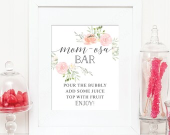 Mom-osa Bar Sign, Bubbly Bar, 8x10 Printable, Baby Shower Printable, Mimosa Sign, Girl Baby Shower Sign, Pastel Blush, Floral, Pretty