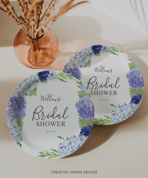 Personalized Paper Plates Template, Bridal Shower Decor, Bridal Shower Tableware, Table Decor, Printable Plates, Download, Blue Hydrangeas Il_570xn