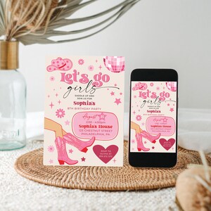 Plantilla de invitación para fiesta de cumpleaños de vaquera rosa, fiesta de vaquera disco rosa, cumpleaños de rodeo, fiesta de cumpleaños para niña, ¡Vamos chicas!, cualquier edad imagen 2