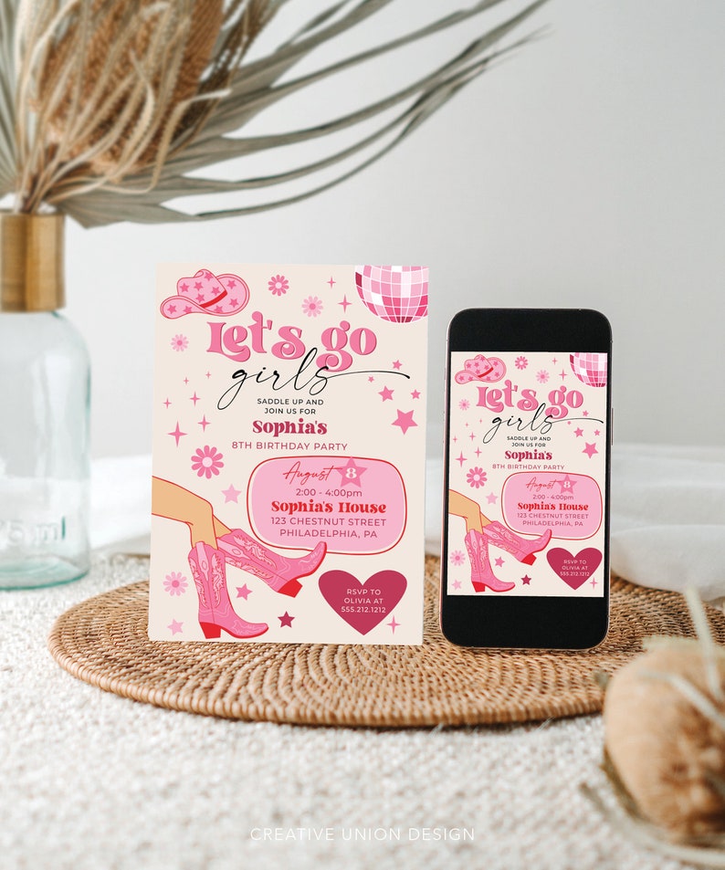 Plantilla de invitación para fiesta de cumpleaños de vaquera rosa, fiesta de vaquera disco rosa, cumpleaños de rodeo, fiesta de cumpleaños para niña, ¡Vamos chicas!, cualquier edad imagen 2