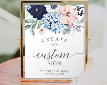 Custom Sign Template, Editable Wedding Sign, Favors, Gifts and Cards, Printable Table Signs, Bridal Shower, Navy Blooms, Floral, Hydrangea