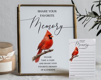 Share a Memory Card Template, Personalized Favorite Memory, Memorial Card, Keepsake Funeral Card, Guest Book Alternative, Cardinal