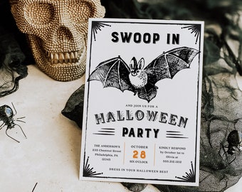 May include: A Halloween party invitation with a bat illustration and the text "Swoop In". The invitation includes the date, time, and location. A gold skull and black spiders decorate the scene.