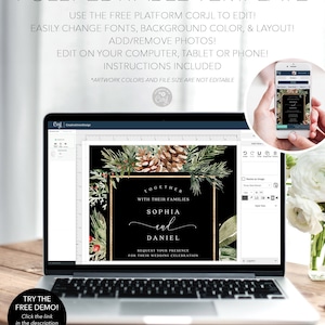 May include: A laptop screen shows a wedding invitation template with a black background, gold frame, and pinecone and greenery accents. The text reads "Together with their families, Sophia and Daniel." A phone displays the invitation design. The text says "Fully Editable Template."