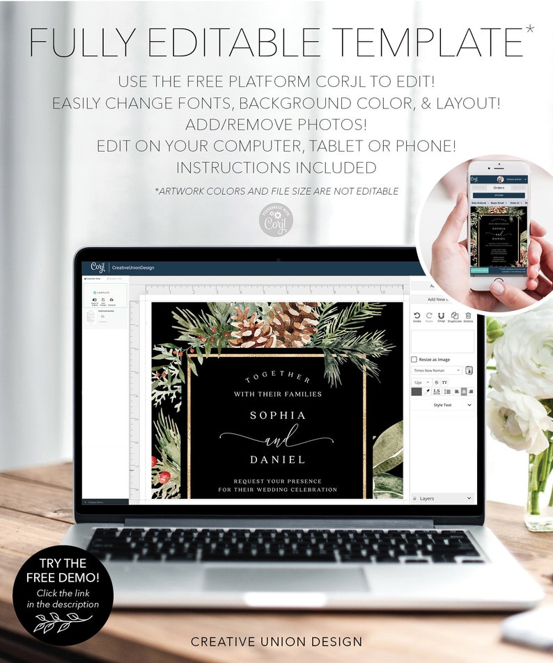 May include: A laptop screen shows a wedding invitation template with a black background, gold frame, and pinecone and greenery accents. The text reads "Together with their families, Sophia and Daniel." A phone displays the invitation design. The text says "Fully Editable Template."