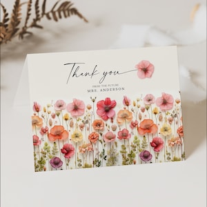 Thank You Card, Bridal Shower Thank You Card, Personalized Thank You, Thank You Card Template, Thank You, Flower Stems, Wildflowers