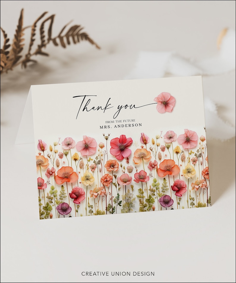 Thank You Card, Bridal Shower Thank You Card, Personalized Thank You, Thank You Card Template, Thank You, Flower Stems, Wildflowers image 1