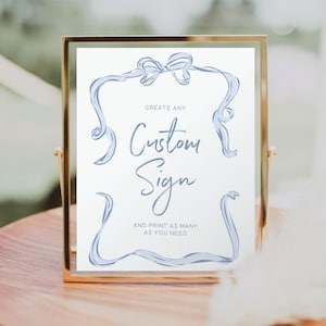 Editable Blue Bow Custom Sign Template, Baby Shower Sign, Favors, Gifts Sign, Printable Table Signs, Ribbon, Boy Baby Shower, 1st Birthday