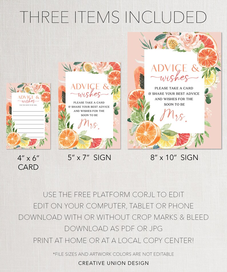 Advice and Wishes Template, Bridal Shower Game, Advice for the Bride, Advice, New Mrs, Wishes, Bridal Shower Sign, Tropical Citrus, Lemon image 9