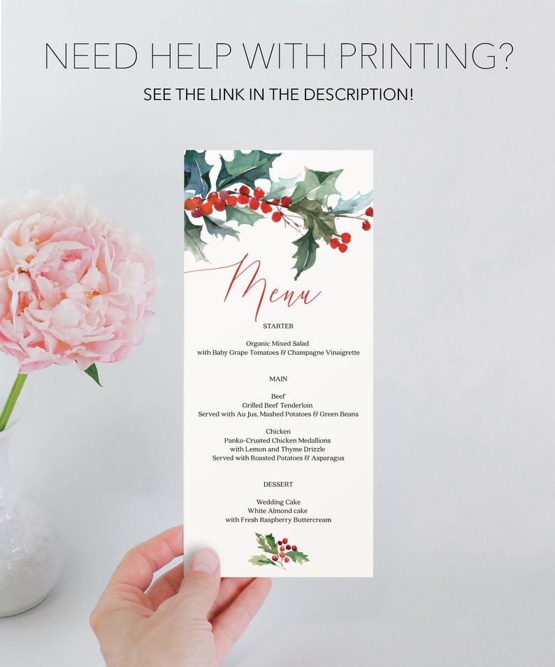 Christmas Menu Holiday Menu Printable Menu Rustic Christmas Table Decor Winter Wedding Menus Instant Download Holly image 7