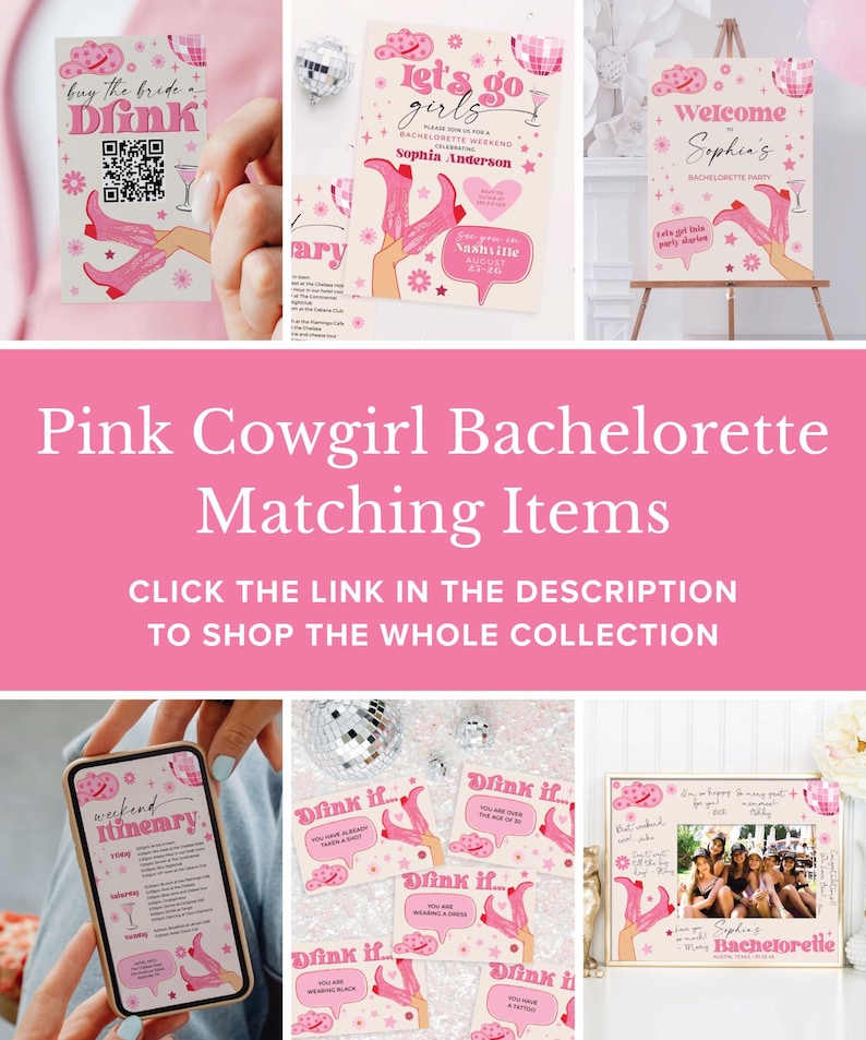 K&ouml;nnte beinhalten: Eine Sammlung von Party-Papeterie im pinken Cowgirl-Stil f&uuml;r Junggesellinnenabschiede, bestehend aus einem Willkommensschild, Einladungen, Reisepl&auml;nen und Spielkarten. Die Designs zeigen pinke Cowboystiefel, Discokugeln und Sterne.