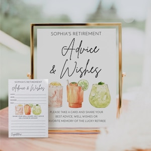 Puede incluir: Un letrero con marco dorado y un juego de tarjetas a juego para la jubilación de Sophia. El letrero dice "Sophia's Retirement Advice & Wishes" con ilustraciones de cócteles. Los invitados comparten consejos o recuerdos en las tarjetas.
