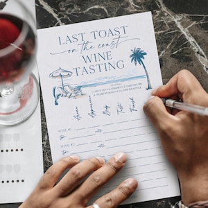 Wijnproefkaart, afdrukbaar beoordelingsblad en bord wijnproeverij, vrijgezellenfeest, strand vrijgezellenfeest, laatste toast aan de kust, afdrukbaar