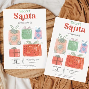 May include: Two invitations for a Secret Santa gift exchange. The invitations feature watercolor illustrations of wrapped gifts in pink, green, and blue. The text includes "Secret Santa," "Gift Exchange," the date, time, and location.