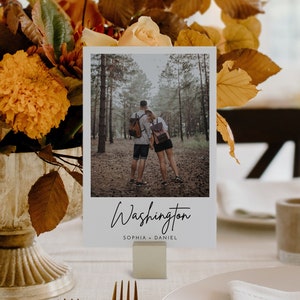 Plantilla de números de mesa para bodas con fotos, números de mesa con fotos editables, asientos imprimibles, tarjetas con números de mesa, 4x6, 5x7, tema de viaje