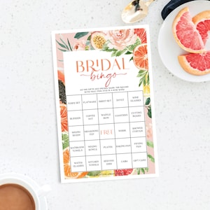 Juego de bingo para despedida de soltera con cítricos tropicales, 60 hojas de juego únicas, naranja, limón, juego de despedida de soltera bohemio, bingo para despedida de soltera, bingo nupcial