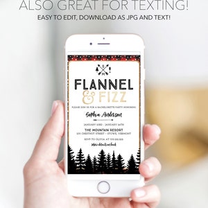 K&ouml;nnte beinhalten: Ein Smartphone zeigt eine Einladung zu einem Junggesellinnenabschied. Die Einladung enth&auml;lt den Text "FLANNEL & FIZZ" in Schwarz und Gold, mit Veranstaltungsdetails. Das Design umfasst einen rot-schwarzen Karomuster-Rand und eine Silhouette von Kiefern.