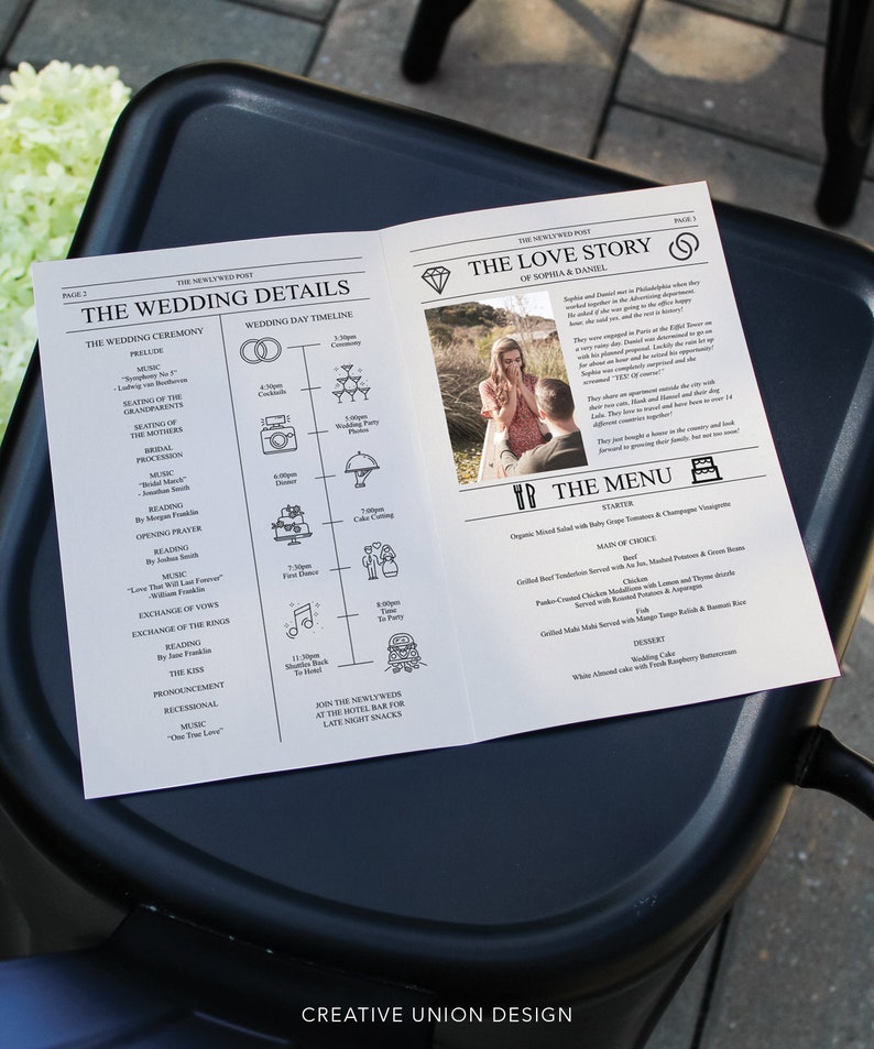 Newspaper Wedding Program Template, Printable Wedding Programs with Timeline, Infographic, Folded Program, Newspaper Editable Template, A4 image 10